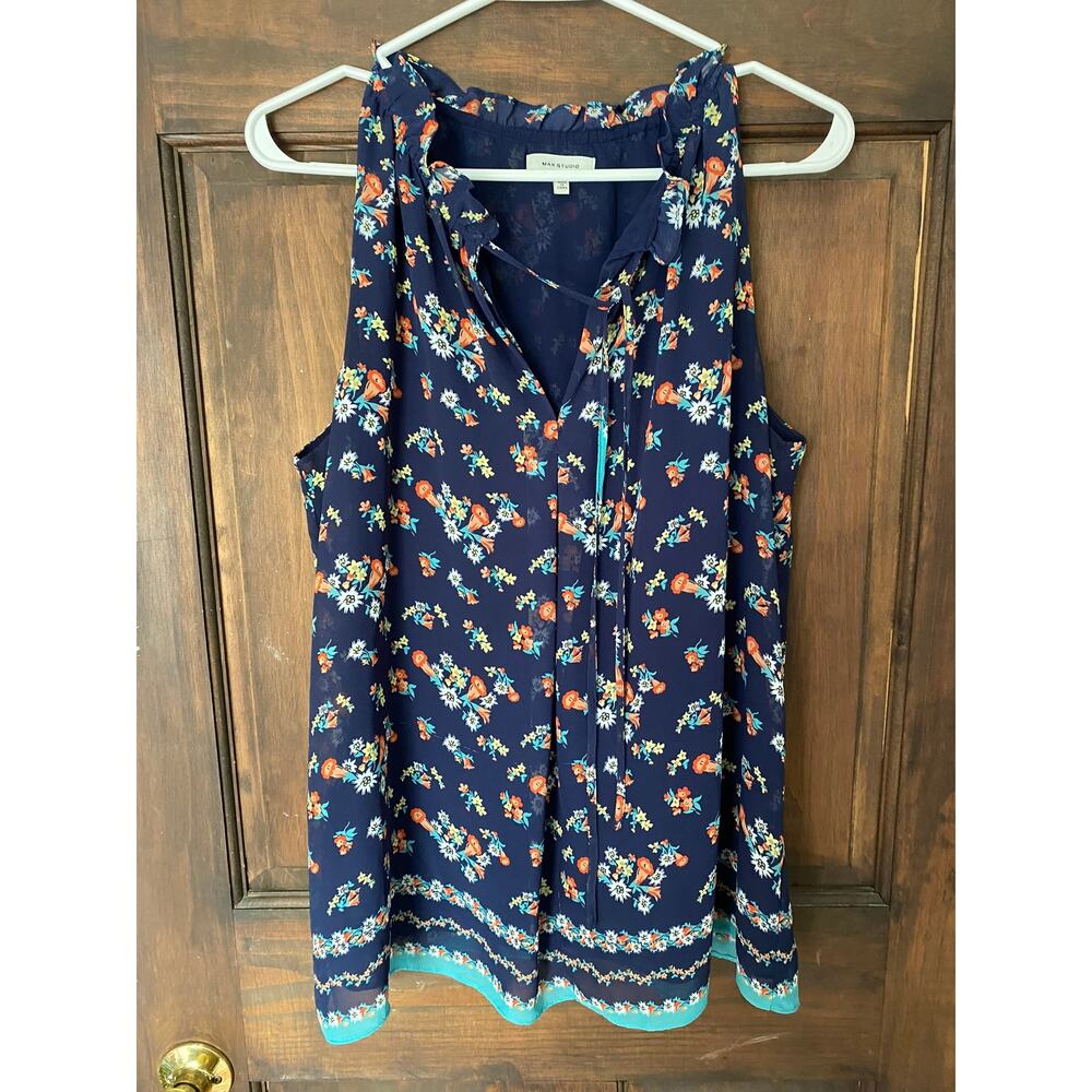 Max Studio Womens Medium Polyester Lined Blue Floral Top Tie Neck - Picture 2 of 13